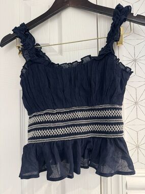 Francesca’s Smocked Ruffle Tank Top Navy Blue Size Small NWT